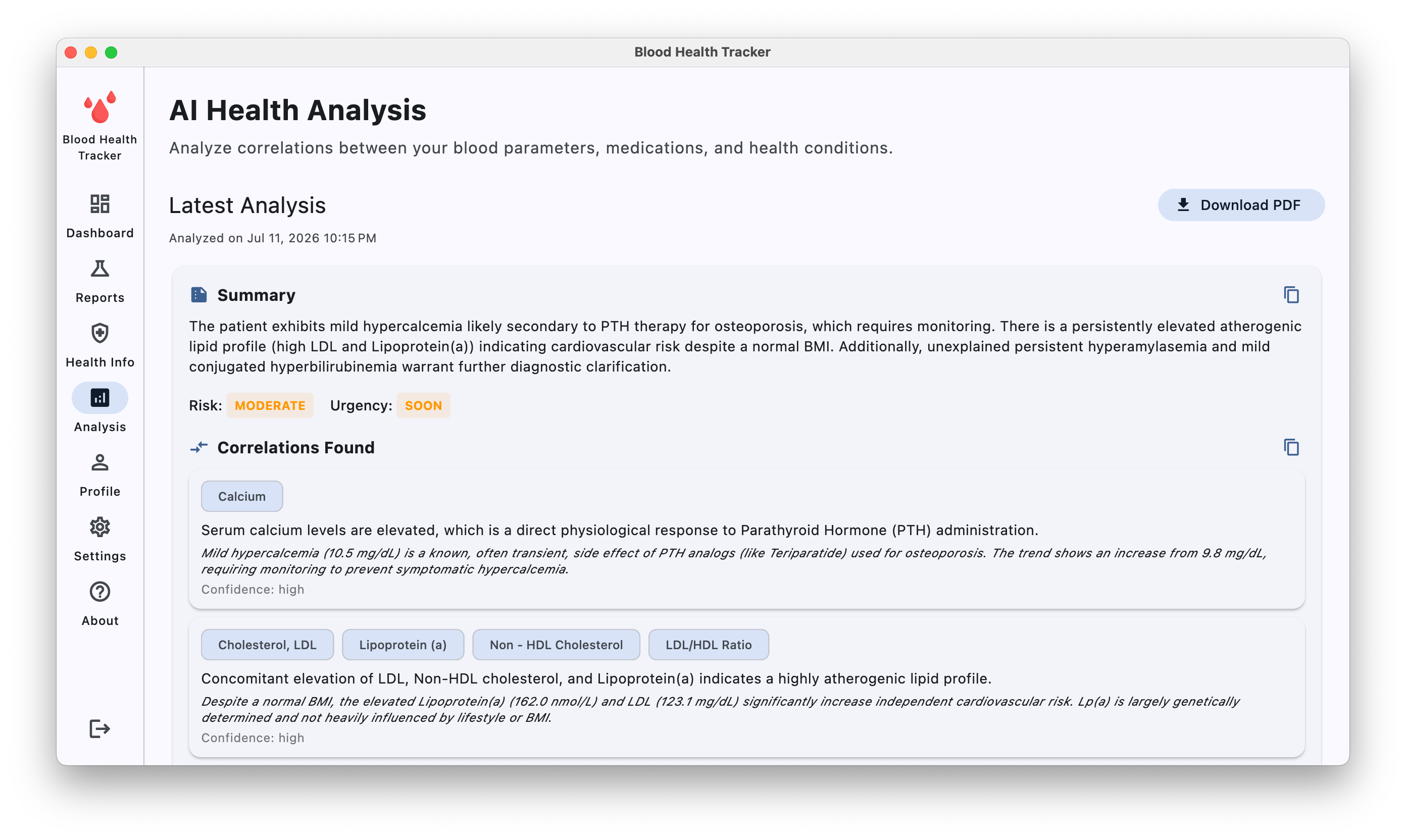 AI health analysis summary showing potential correlations and risk context