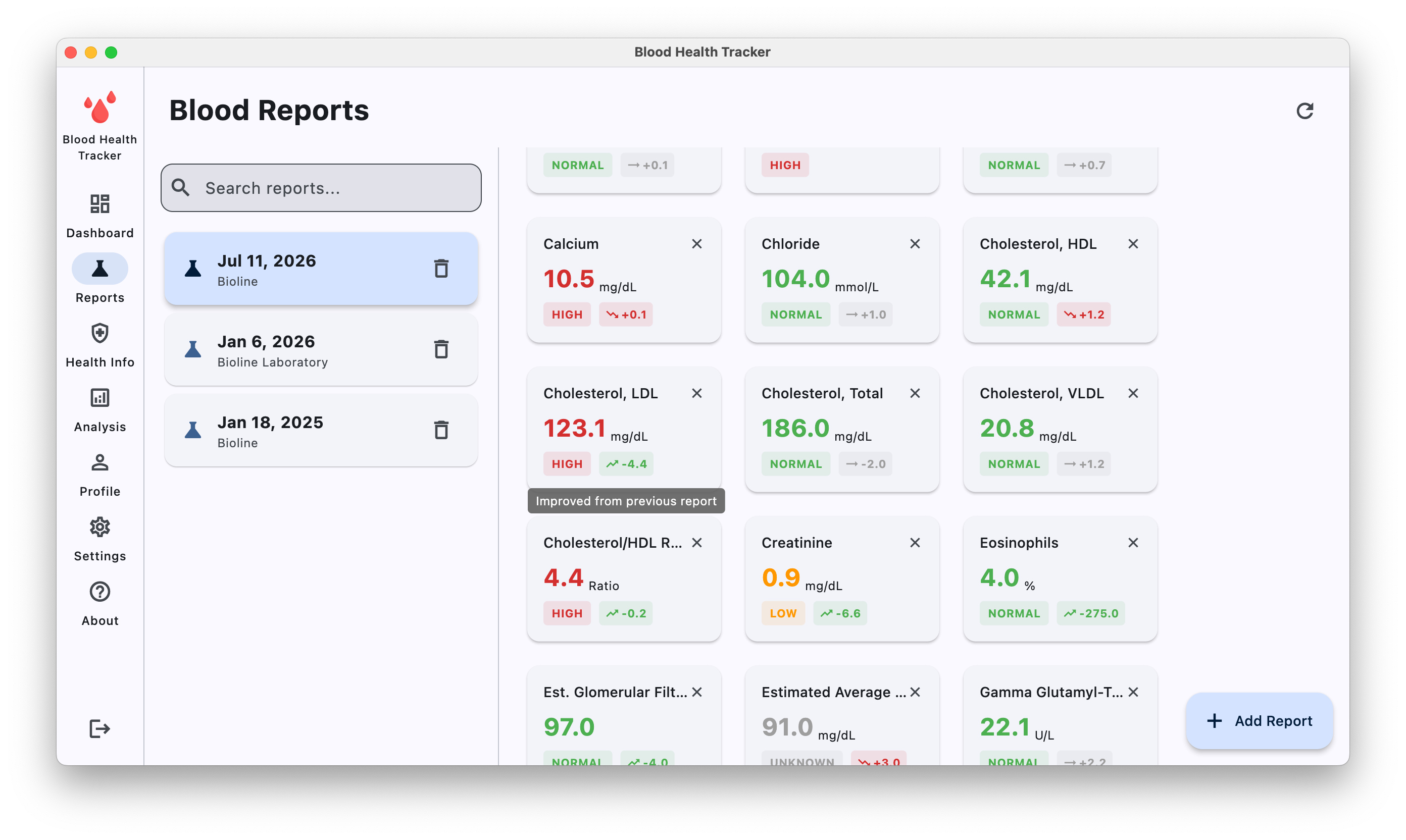 Blood reports screen comparing test values and trends across multiple report dates