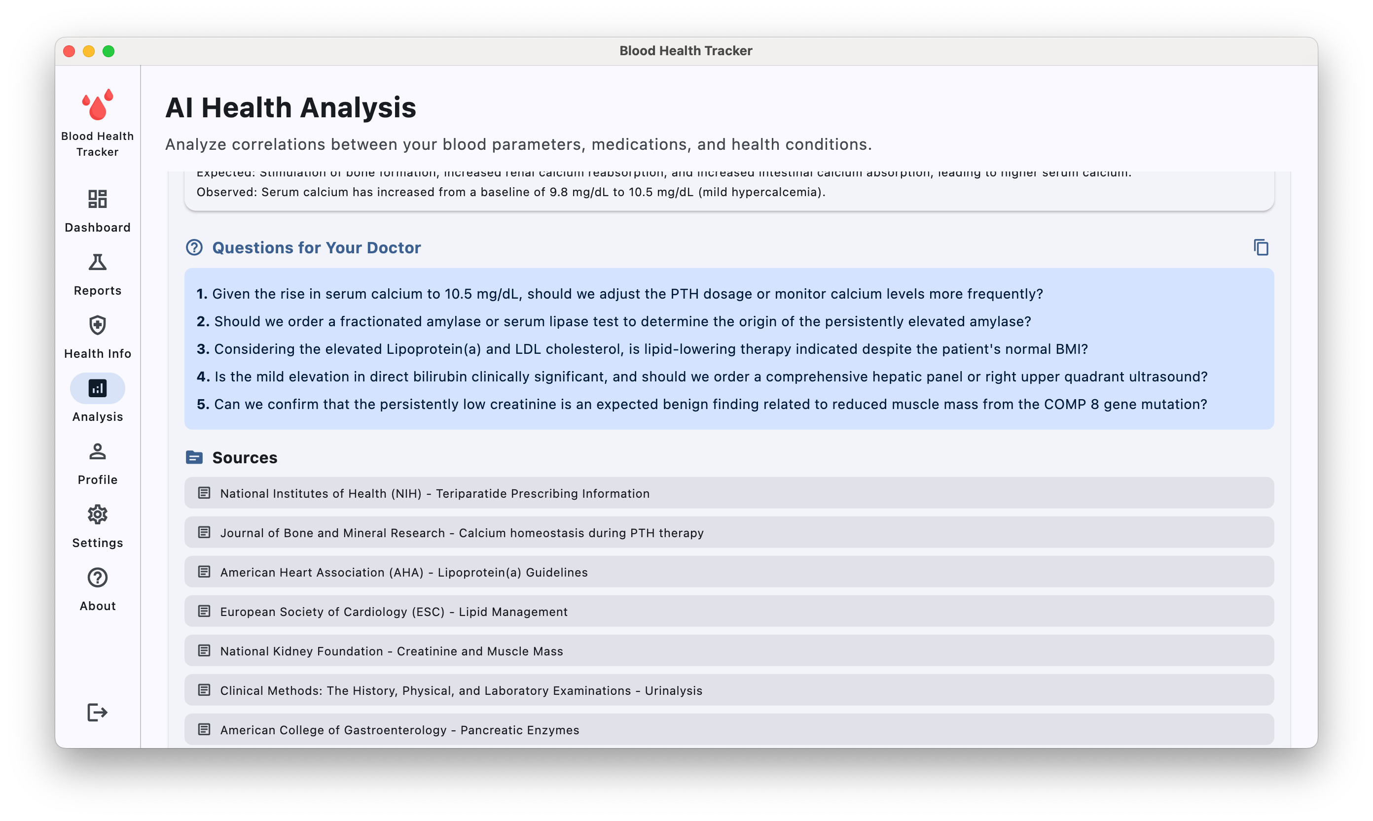 AI analysis showing suggested questions for a doctor and supporting sources