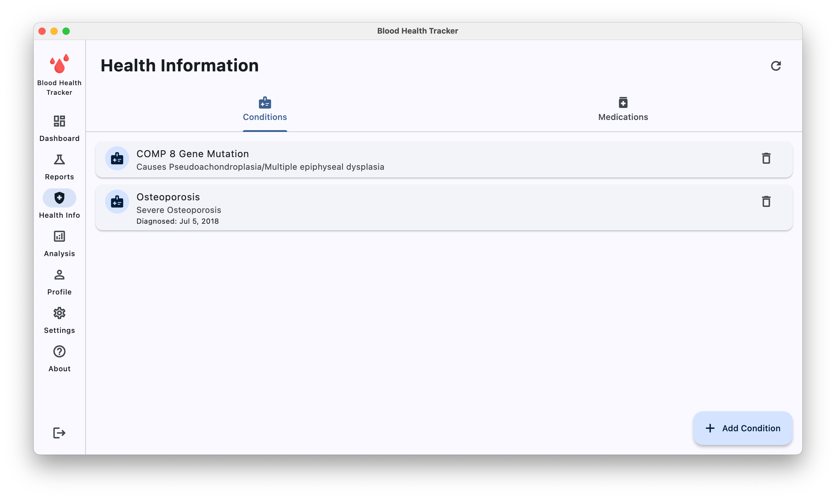 Health information screen listing diagnosed conditions