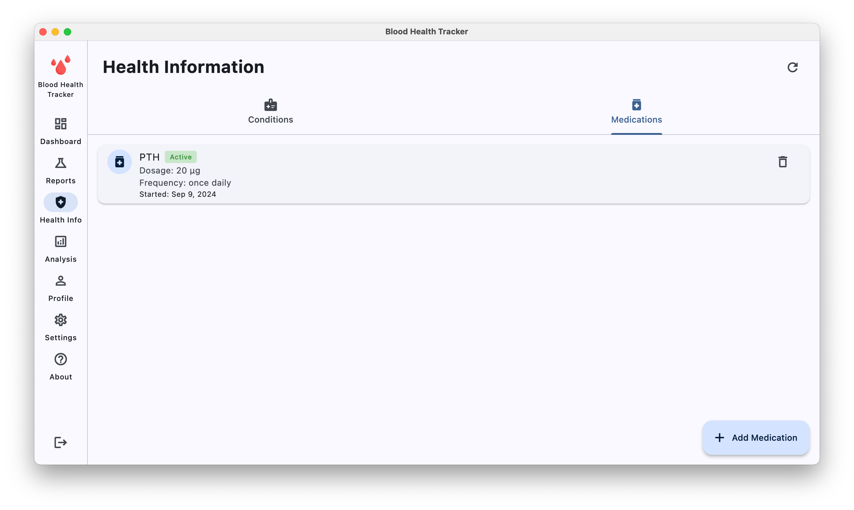 Health information screen tracking medication dosage and frequency